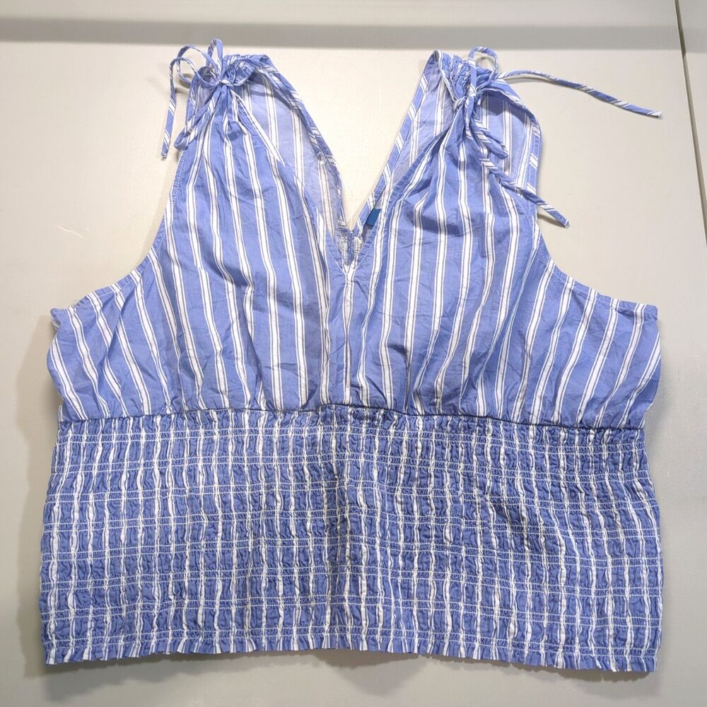 Old Navy Blue White Striped Sleeveless Top V-Neck Ruched Waist Tie Shoulders XXL